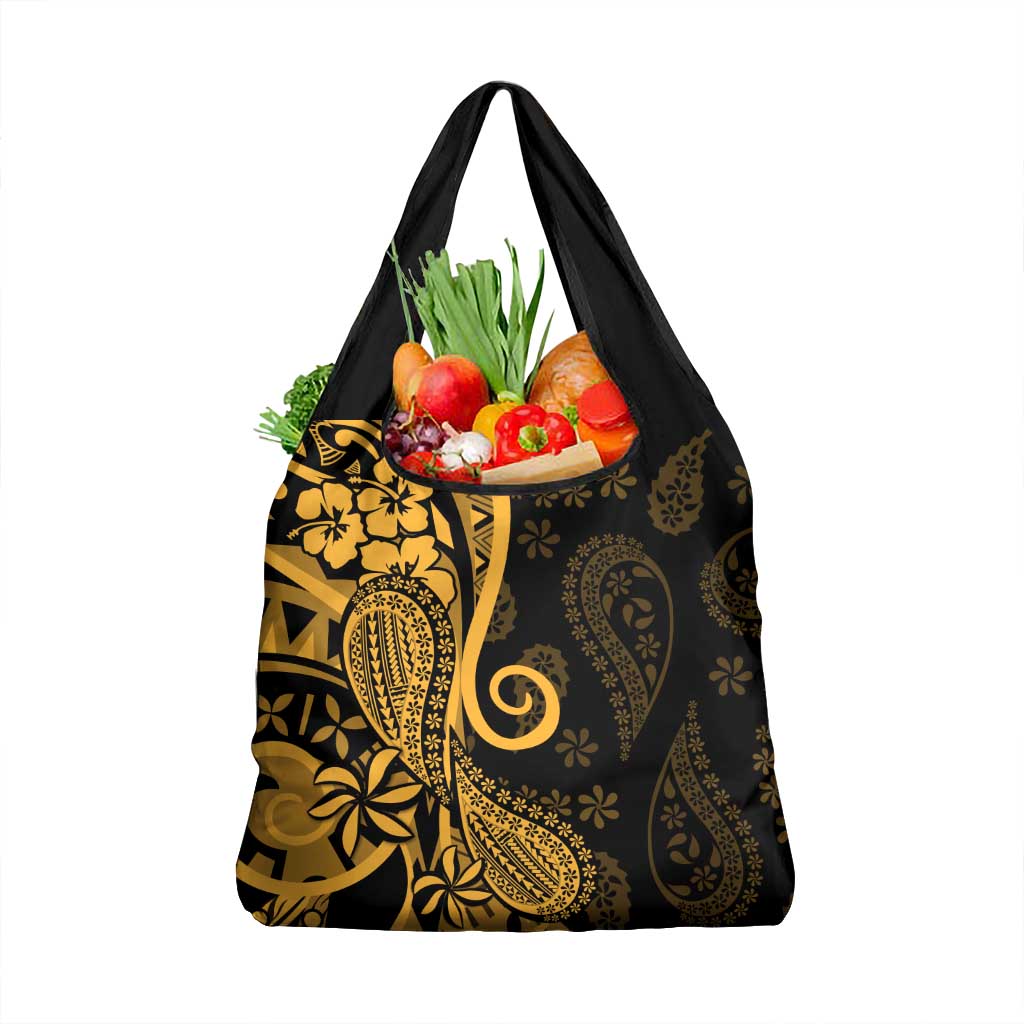Gold Polynesia Paisley Grocery Bag Polynesian With Tropical Flowers