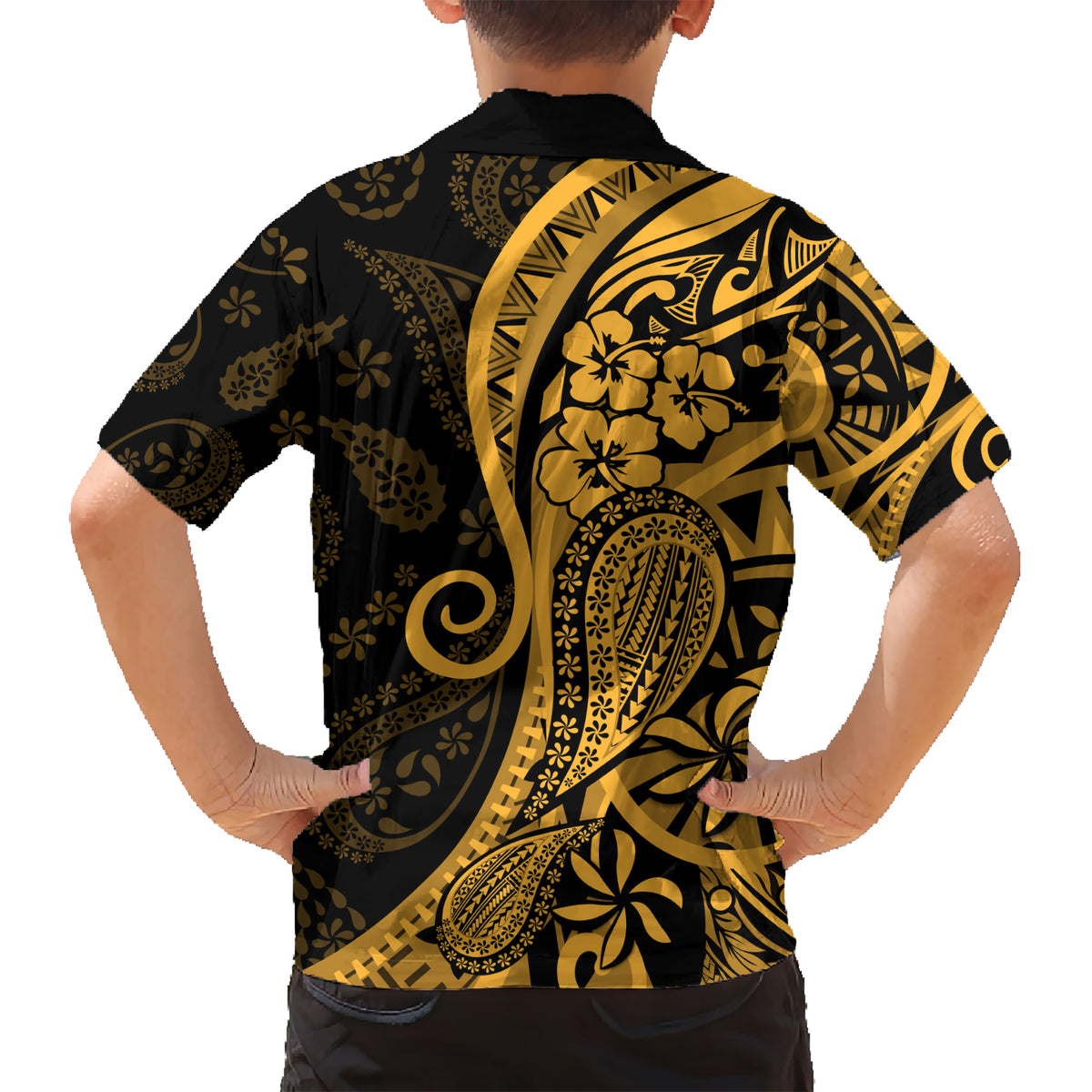 Gold Polynesia Paisley Kid Hawaiian Shirt Polynesian With Tropical Flowers LT14 - Polynesian Pride