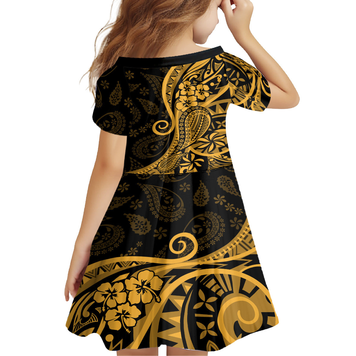 Gold Polynesia Paisley Kid Short Sleeve Dress Polynesian With Tropical Flowers LT14 - Polynesian Pride