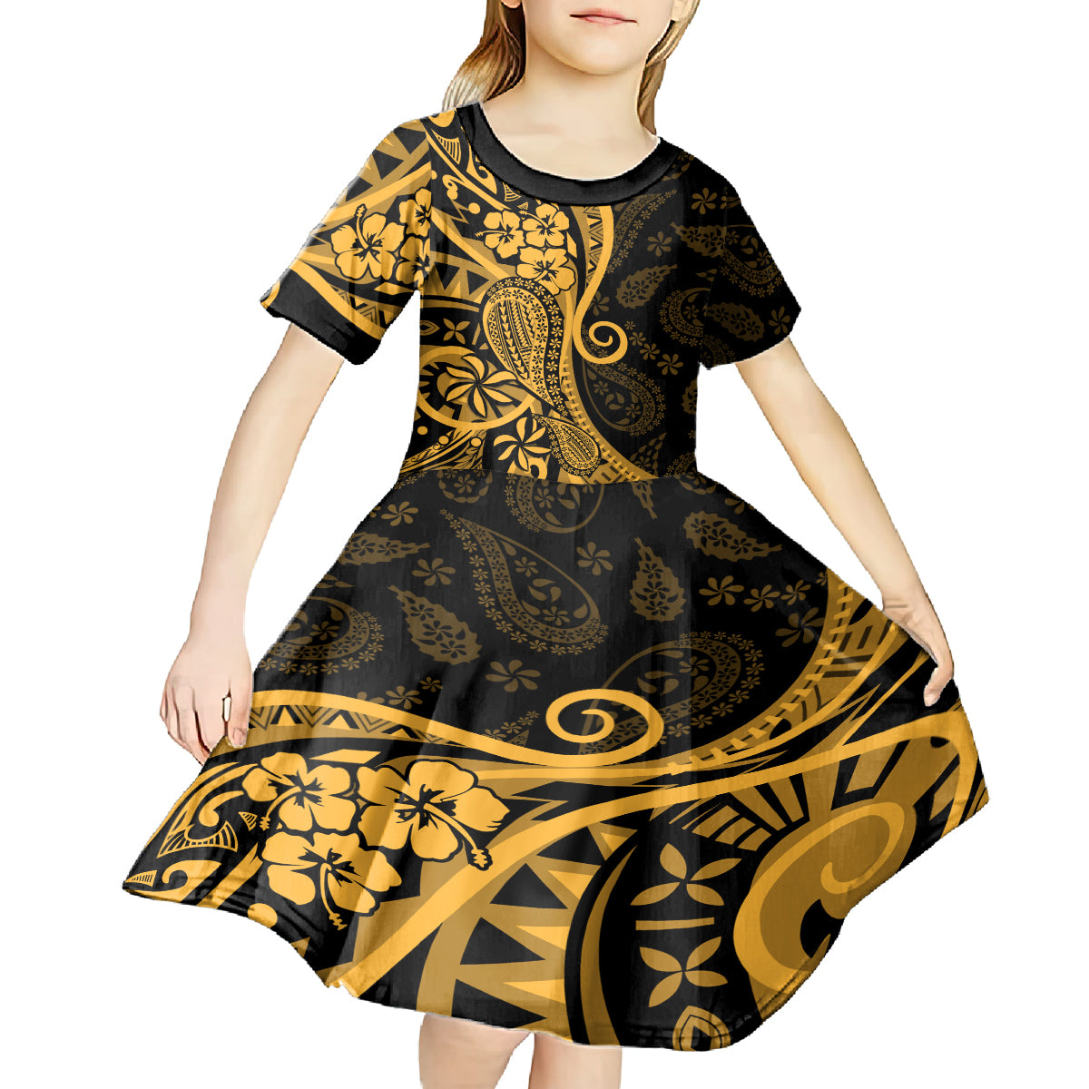 Gold Polynesia Paisley Kid Short Sleeve Dress Polynesian With Tropical Flowers LT14 - Polynesian Pride