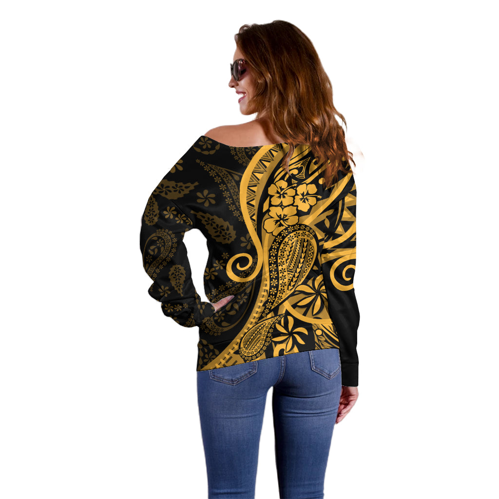 Gold Polynesia Paisley Off Shoulder Sweater Polynesian With Tropical Flowers LT14 - Polynesian Pride
