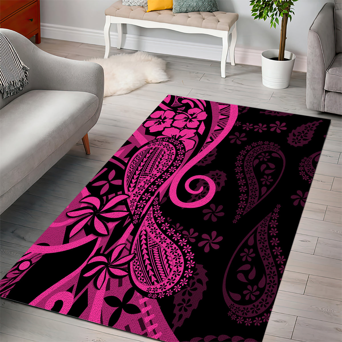Pink Polynesia Paisley Area Rug Polynesian With Tropical Flowers LT14 - Polynesian Pride