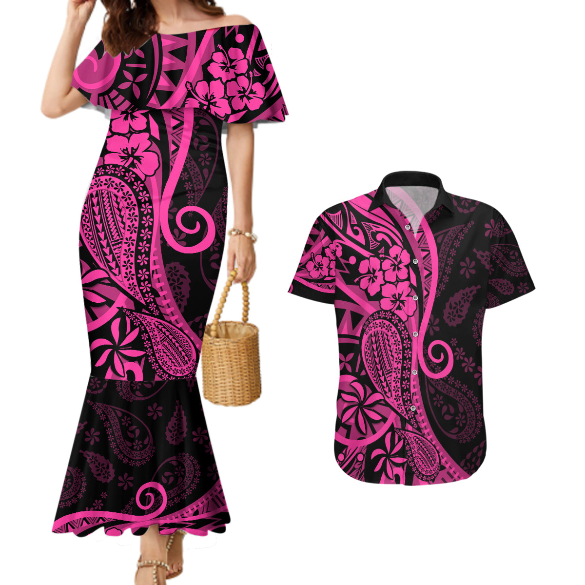 Pink Polynesia Paisley Couples Matching Mermaid Dress and Hawaiian Shirt Polynesian With Tropical Flowers LT14 Pink - Polynesian Pride