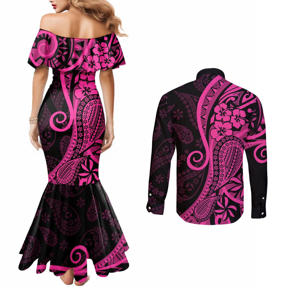 Pink Polynesia Paisley Couples Matching Mermaid Dress and Long Sleeve Button Shirt Polynesian With Tropical Flowers LT14 - Polynesian Pride