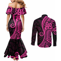 Pink Polynesia Paisley Couples Matching Mermaid Dress and Long Sleeve Button Shirt Polynesian With Tropical Flowers LT14 - Polynesian Pride