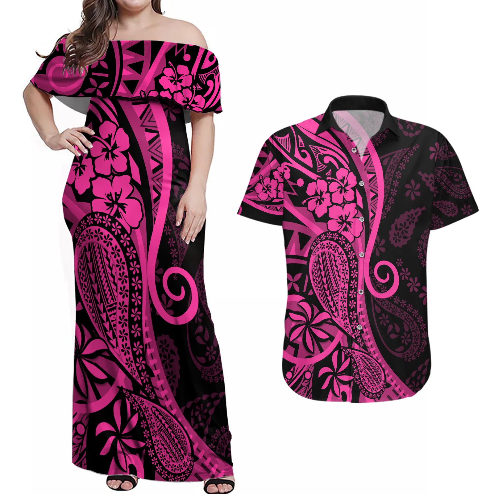 Pink Polynesia Paisley Couples Matching Off Shoulder Maxi Dress and Hawaiian Shirt Polynesian With Tropical Flowers LT14 Pink - Polynesian Pride