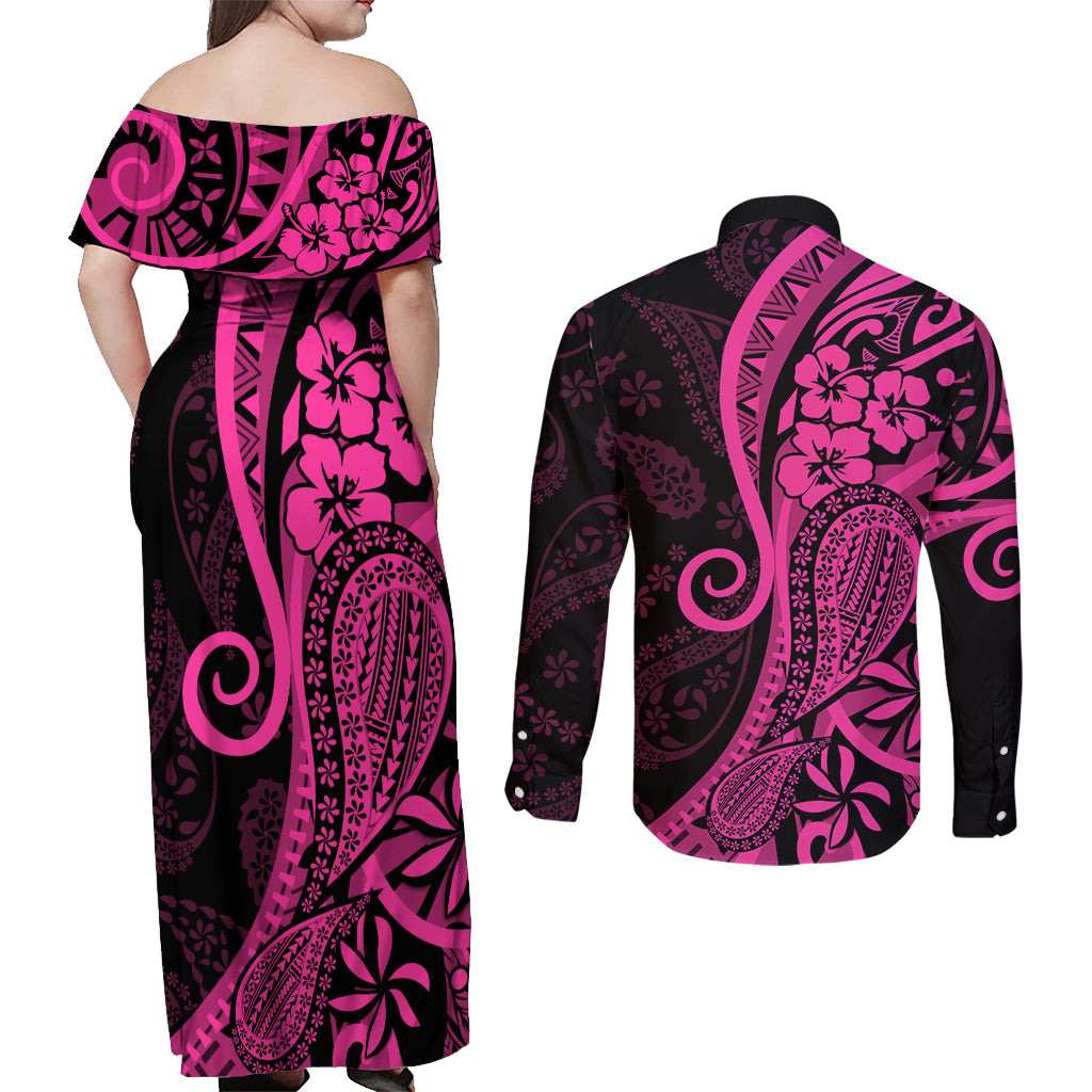 Pink Polynesia Paisley Couples Matching Off Shoulder Maxi Dress and Long Sleeve Button Shirt Polynesian With Tropical Flowers LT14 - Polynesian Pride