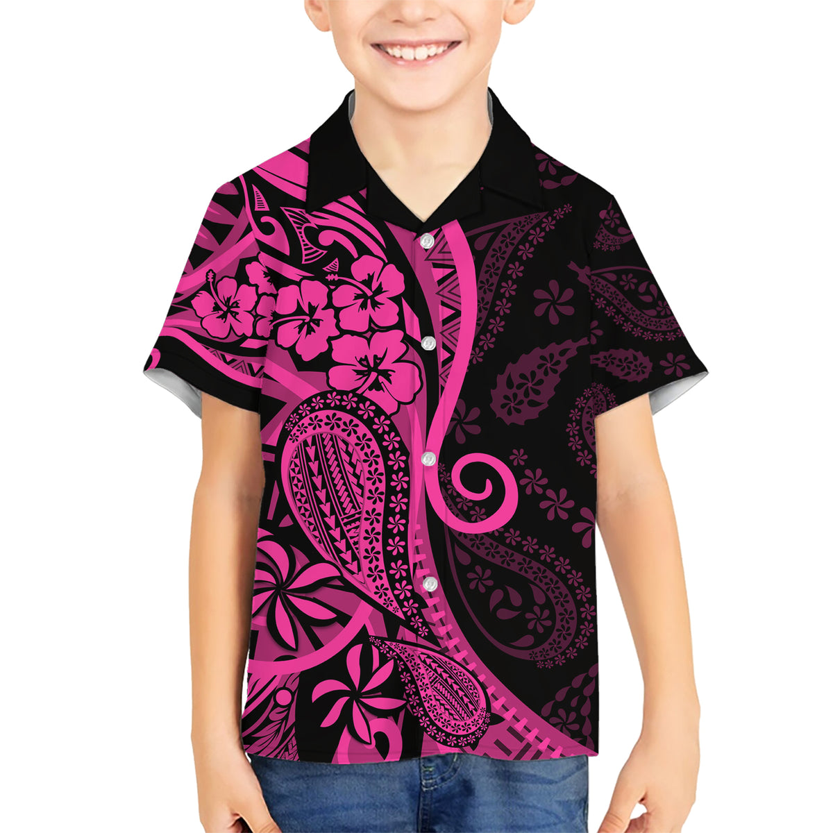 Pink Polynesia Paisley Family Matching Short Sleeve Bodycon Dress and Hawaiian Shirt Polynesian With Tropical Flowers LT14 Son's Shirt Pink - Polynesian Pride