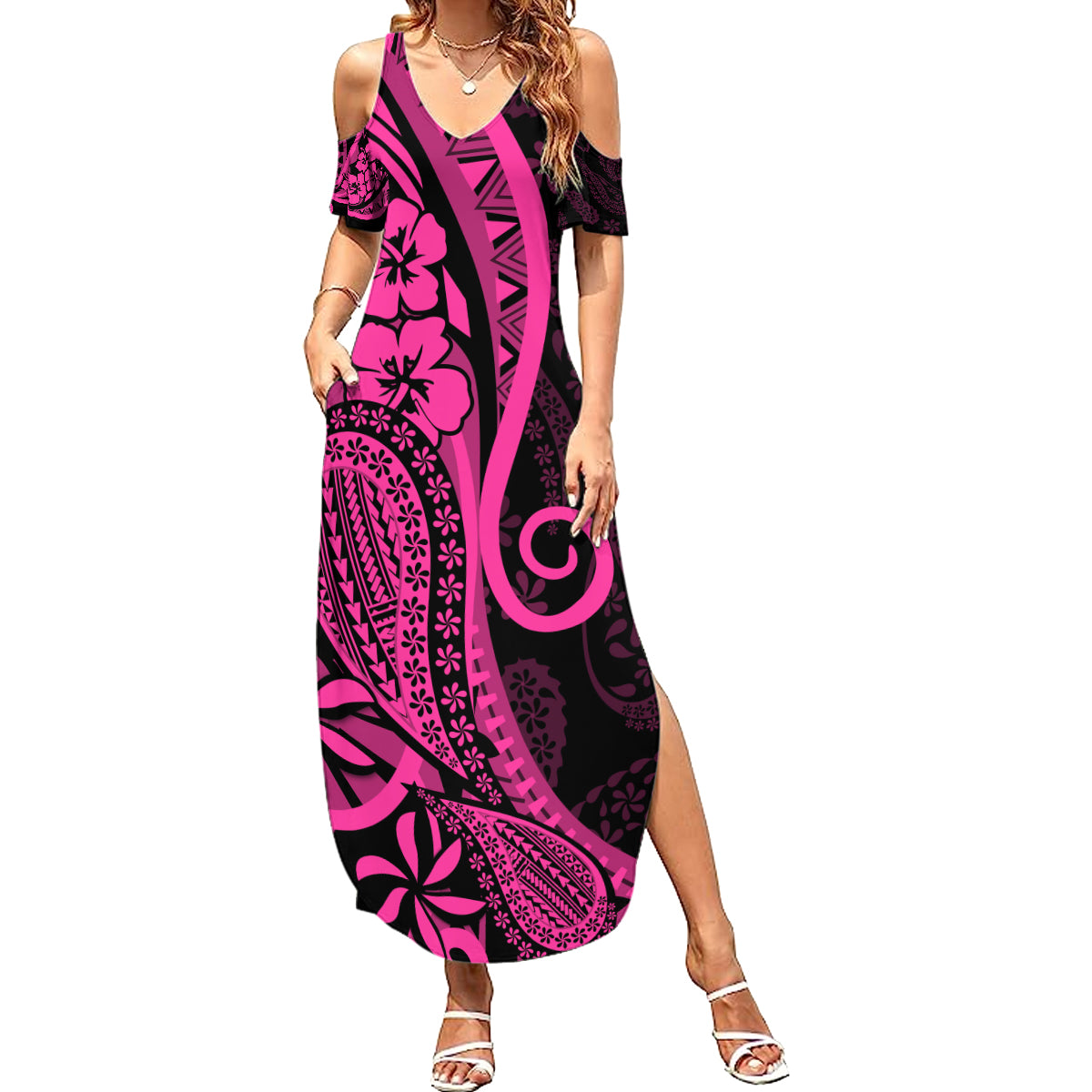 Pink Polynesia Paisley Summer Maxi Dress Polynesian With Tropical Flowers LT14 Women Pink - Polynesian Pride