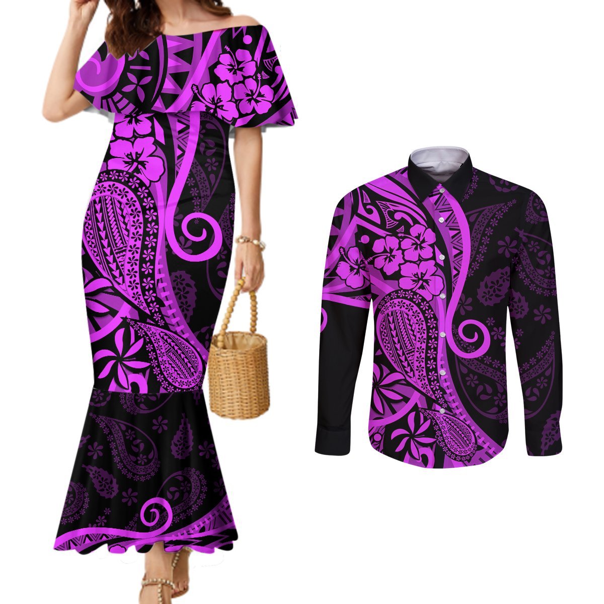 Polynesia Paisley Couples Matching Mermaid Dress and Long Sleeve Button Shirt Polynesian With Tropical Flowers - Purple LT14 Purple - Polynesian Pride