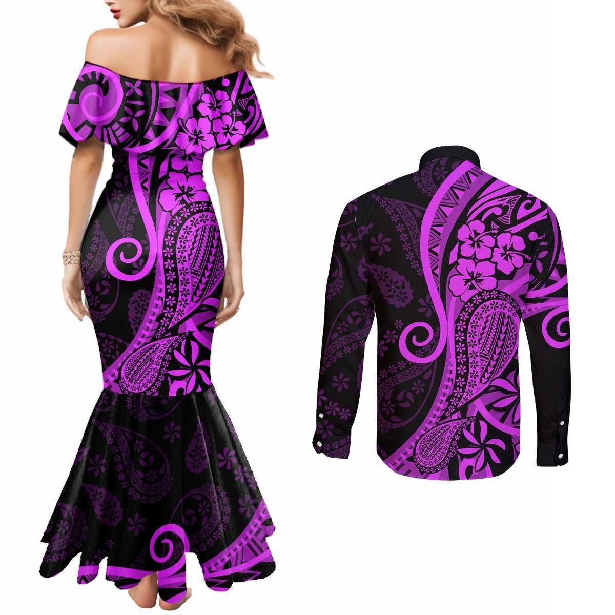 Polynesia Paisley Couples Matching Mermaid Dress and Long Sleeve Button Shirt Polynesian With Tropical Flowers - Purple LT14 - Polynesian Pride