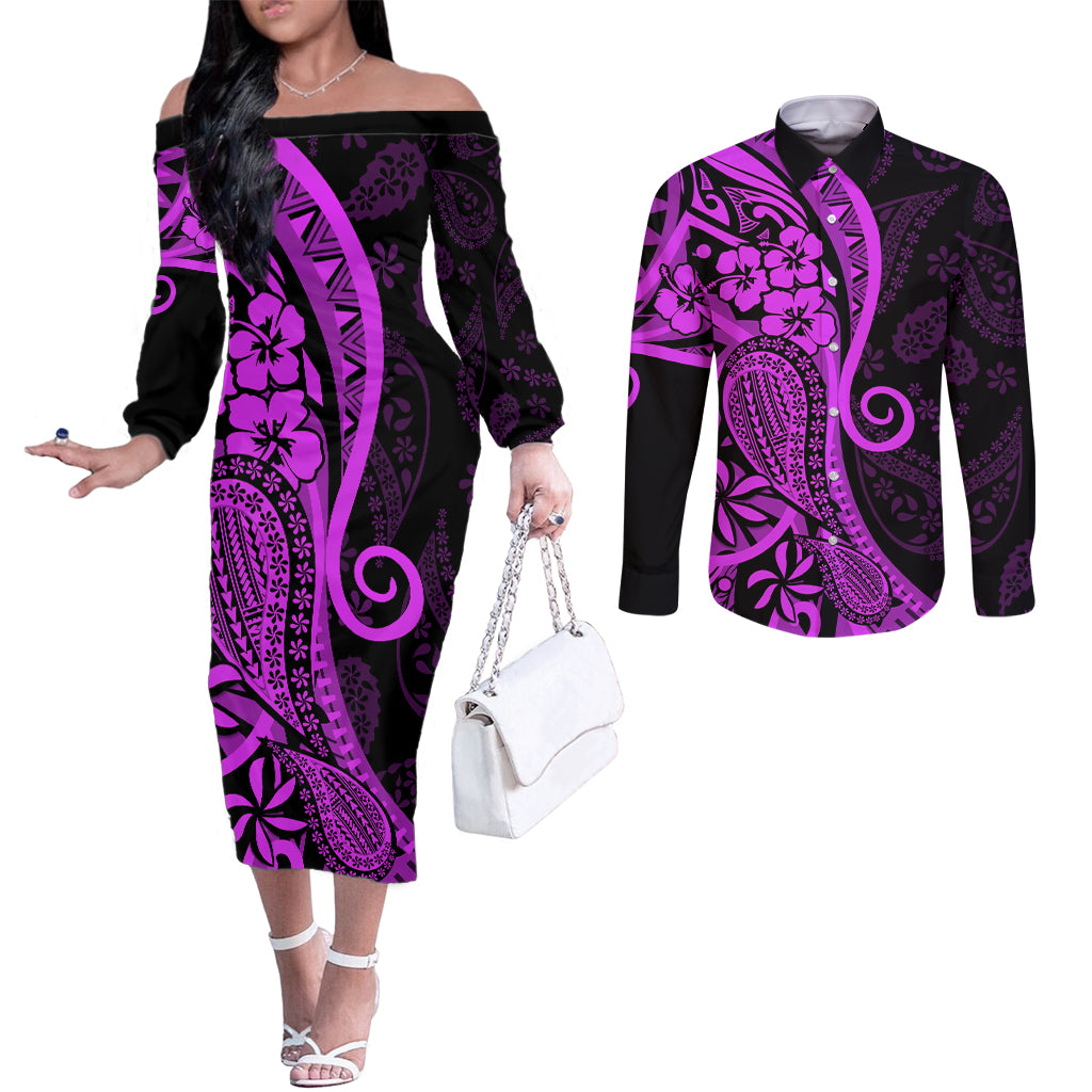Polynesia Paisley Couples Matching Off The Shoulder Long Sleeve Dress and Long Sleeve Button Shirt Polynesian With Tropical Flowers - Purple LT14 Purple - Polynesian Pride
