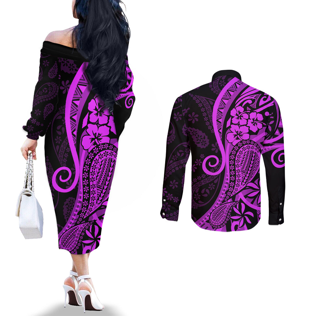 Polynesia Paisley Couples Matching Off The Shoulder Long Sleeve Dress and Long Sleeve Button Shirt Polynesian With Tropical Flowers - Purple LT14 - Polynesian Pride