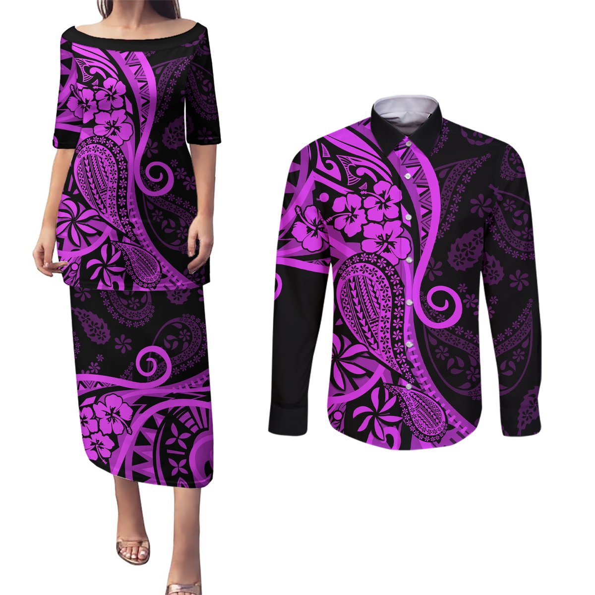 Polynesia Paisley Couples Matching Puletasi Dress and Long Sleeve Button Shirt Polynesian With Tropical Flowers - Purple LT14 Purple - Polynesian Pride