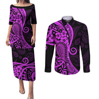 Polynesia Paisley Couples Matching Puletasi Dress and Long Sleeve Button Shirt Polynesian With Tropical Flowers - Purple LT14 Purple - Polynesian Pride