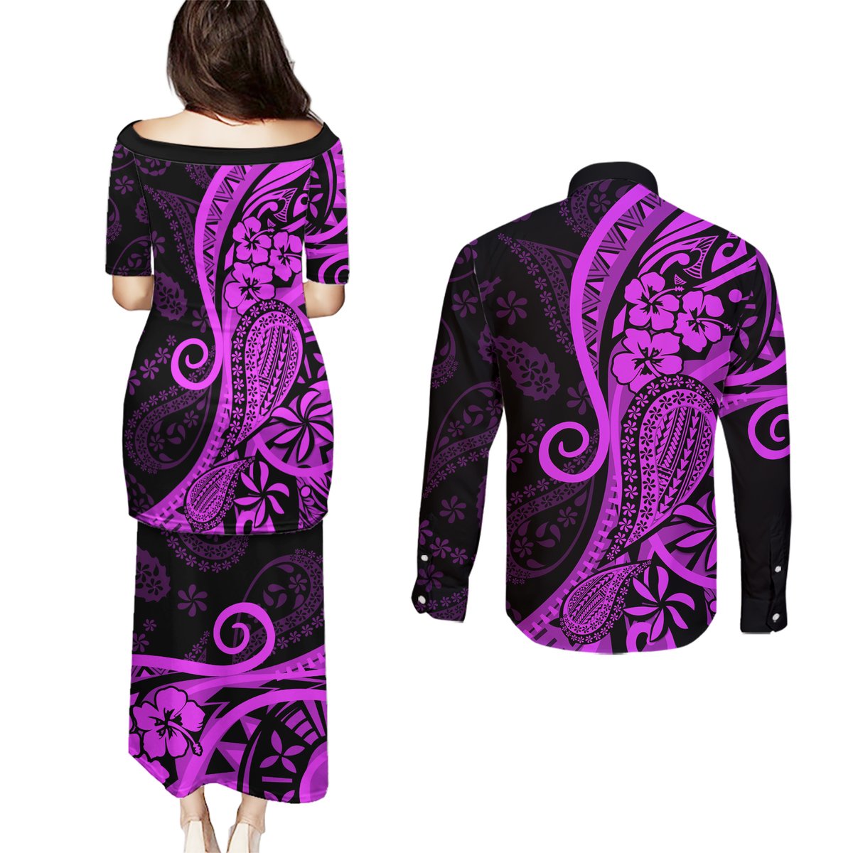 Polynesia Paisley Couples Matching Puletasi Dress and Long Sleeve Button Shirt Polynesian With Tropical Flowers - Purple LT14 - Polynesian Pride