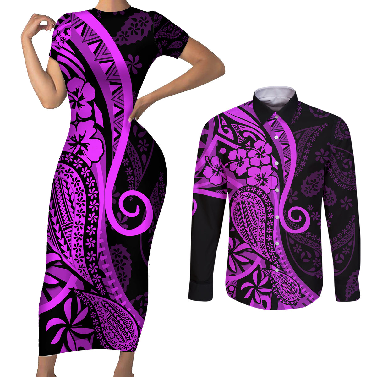 Polynesia Paisley Couples Matching Short Sleeve Bodycon Dress and Long Sleeve Button Shirt Polynesian With Tropical Flowers - Purple LT14 Purple - Polynesian Pride