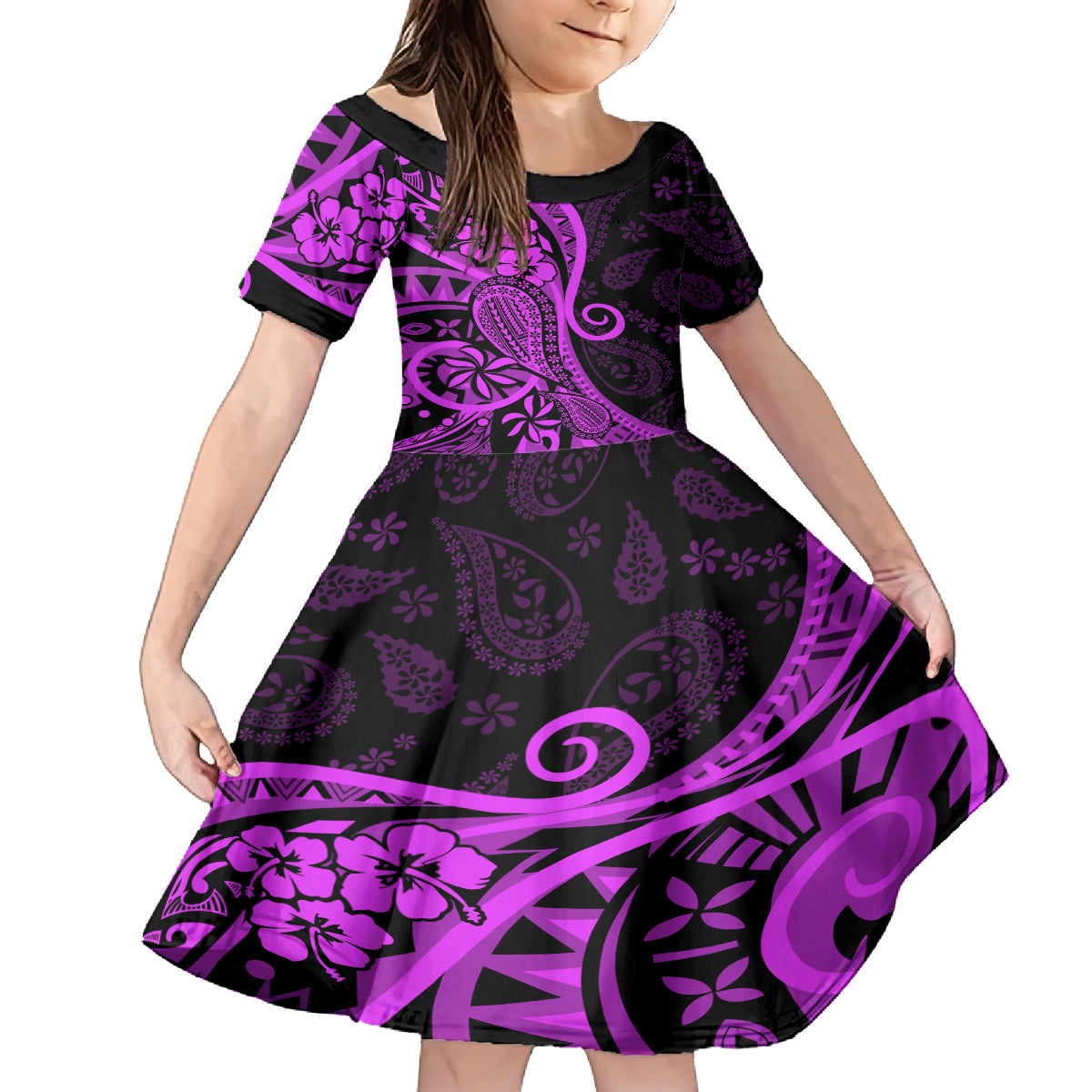 Polynesia Paisley Kid Short Sleeve Dress Polynesian With Tropical Flowers - Purple LT14 KID Purple - Polynesian Pride