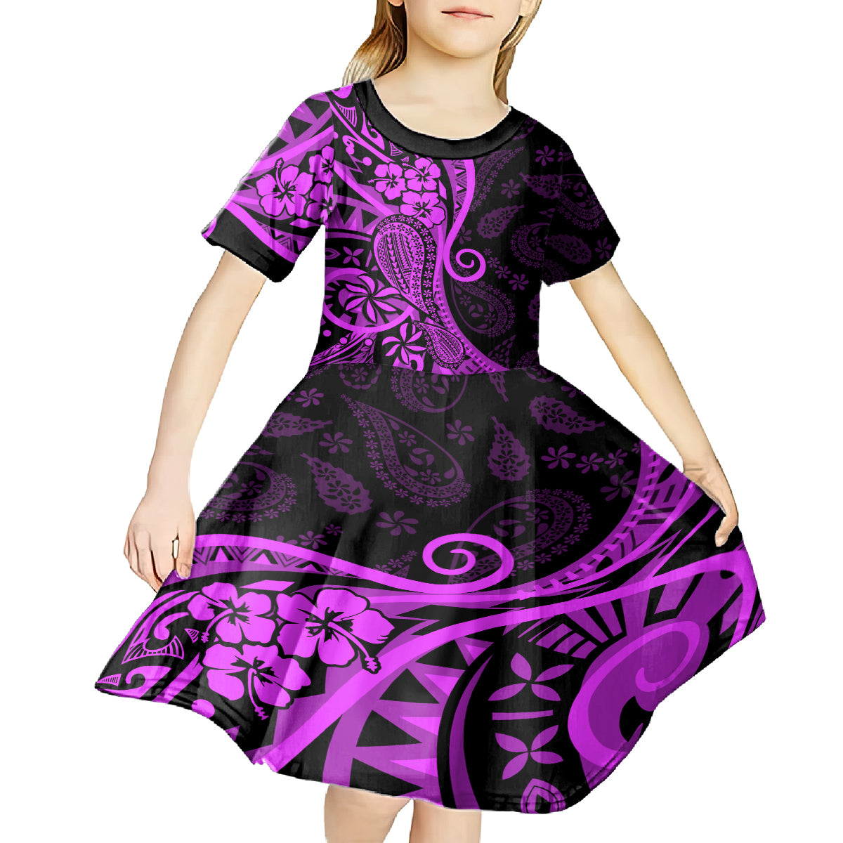 Polynesia Paisley Kid Short Sleeve Dress Polynesian With Tropical Flowers - Purple LT14 - Polynesian Pride