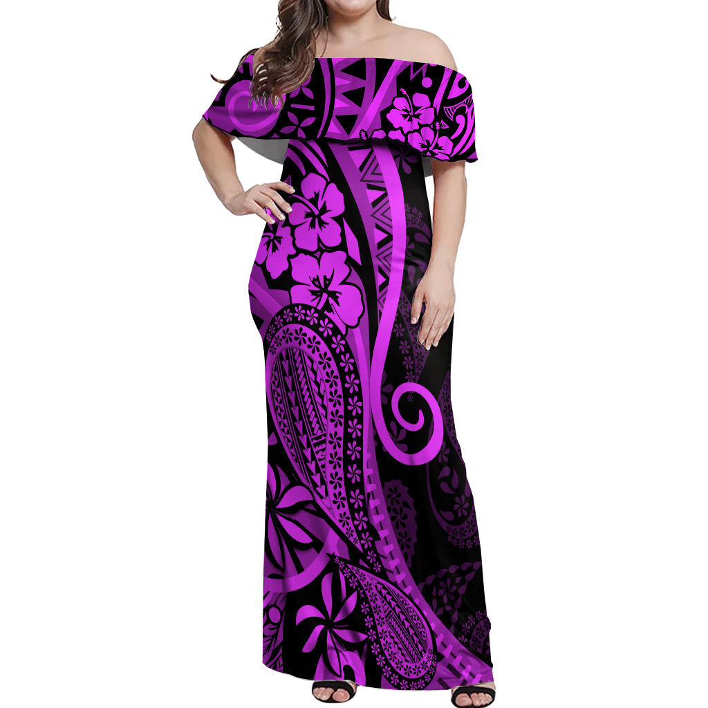 Polynesia Paisley Off Shoulder Maxi Dress Polynesian With Tropical Flowers - Purple LT14 Women Purple - Polynesian Pride