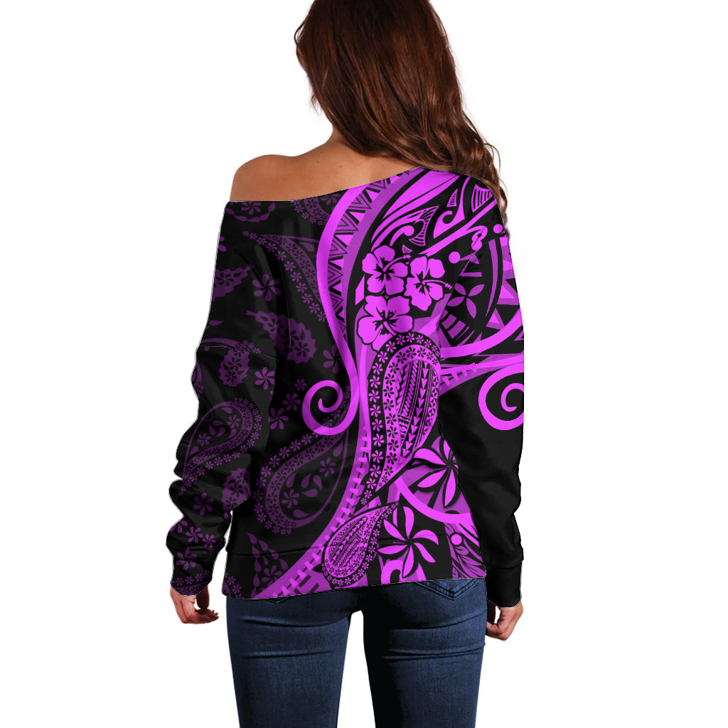 Polynesia Paisley Off Shoulder Sweater Polynesian With Tropical Flowers - Purple LT14 - Polynesian Pride