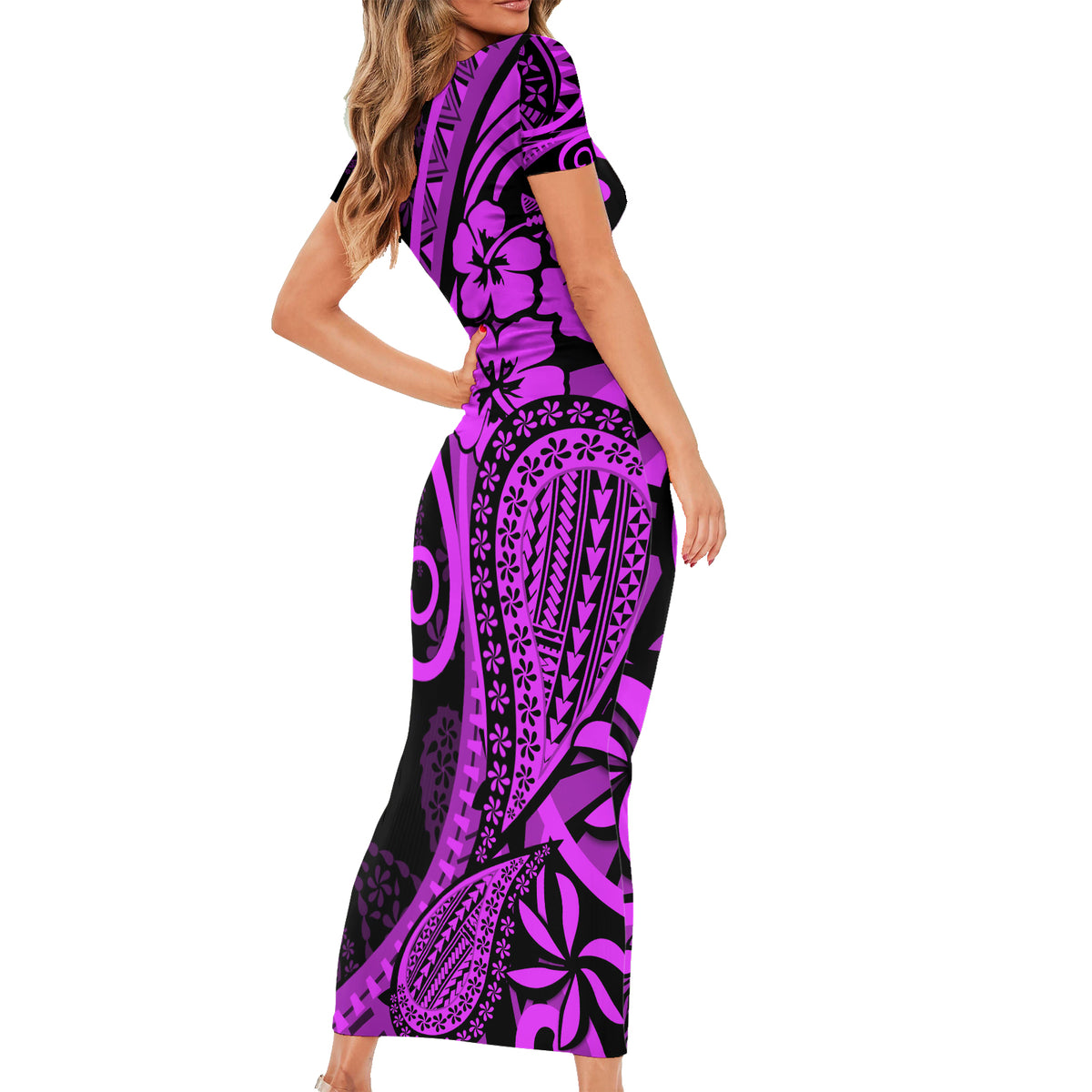 Polynesia Paisley Short Sleeve Bodycon Dress Polynesian With Tropical Flowers - Purple LT14 - Polynesian Pride