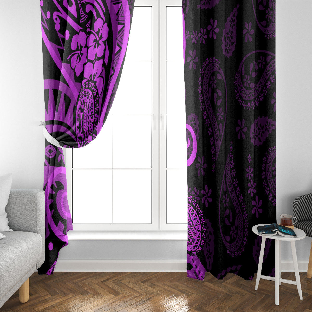 Polynesia Paisley Window Curtain Polynesian With Tropical Flowers - Purple LT14 - Polynesian Pride