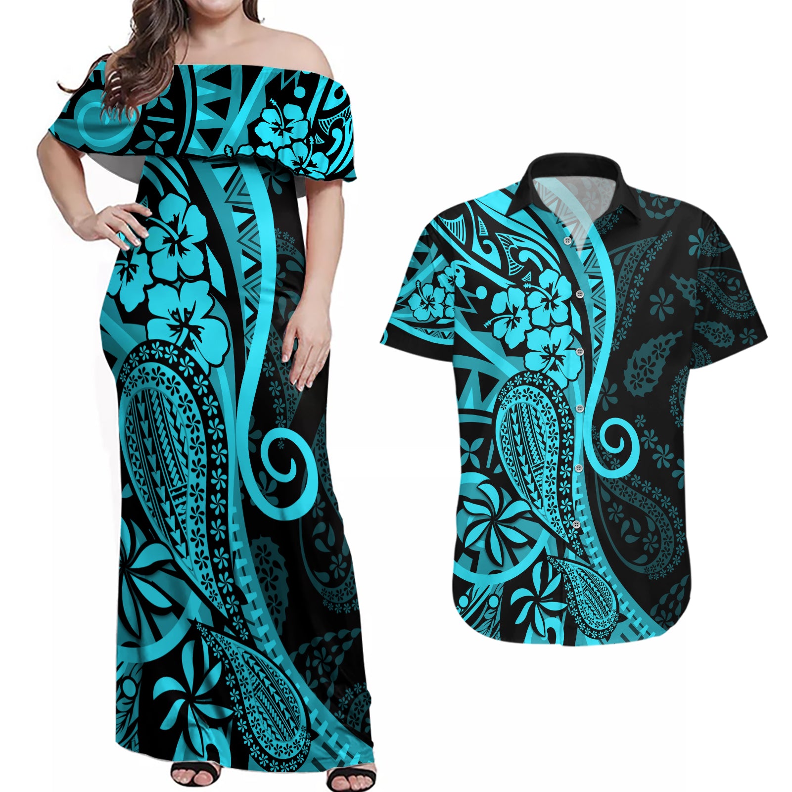 Polynesia Paisley Couples Matching Off Shoulder Maxi Dress and Hawaiian Shirt Polynesian With Tropical Flowers - Turquoise LT14 Turquoise - Polynesian Pride