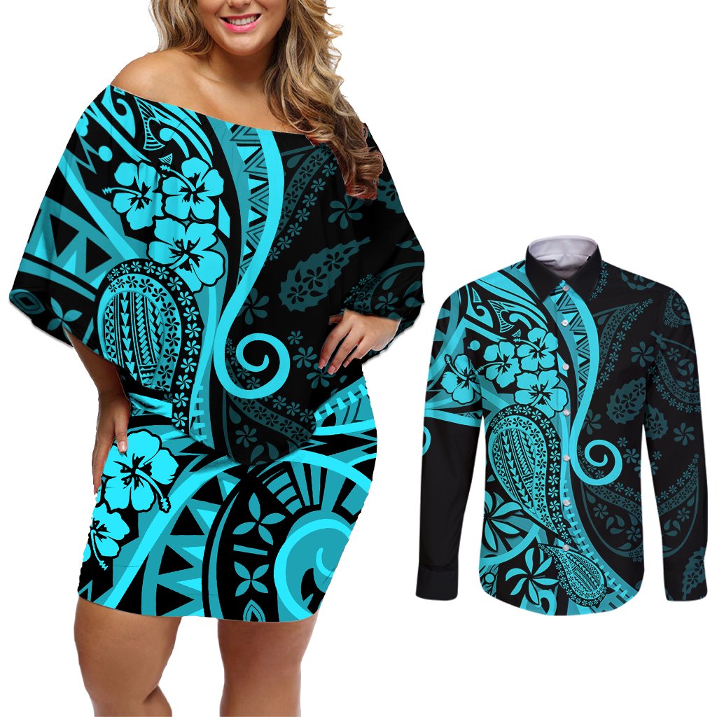 Polynesia Paisley Couples Matching Off Shoulder Short Dress and Long Sleeve Button Shirt Polynesian With Tropical Flowers - Turquoise LT14 Turquoise - Polynesian Pride