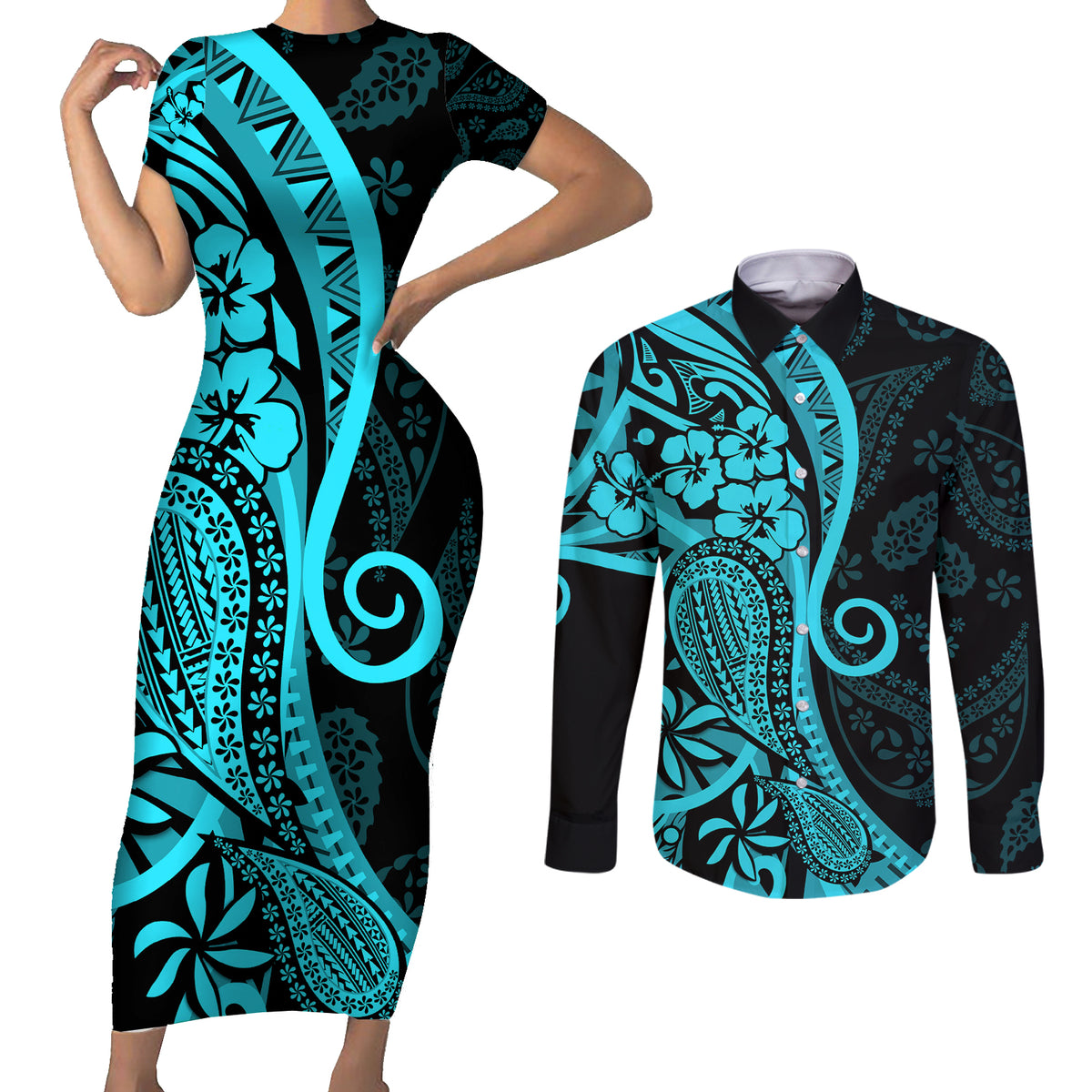 Polynesia Paisley Couples Matching Short Sleeve Bodycon Dress and Long Sleeve Button Shirt Polynesian With Tropical Flowers - Turquoise LT14 Turquoise - Polynesian Pride