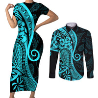 Polynesia Paisley Couples Matching Short Sleeve Bodycon Dress and Long Sleeve Button Shirt Polynesian With Tropical Flowers - Turquoise LT14 Turquoise - Polynesian Pride