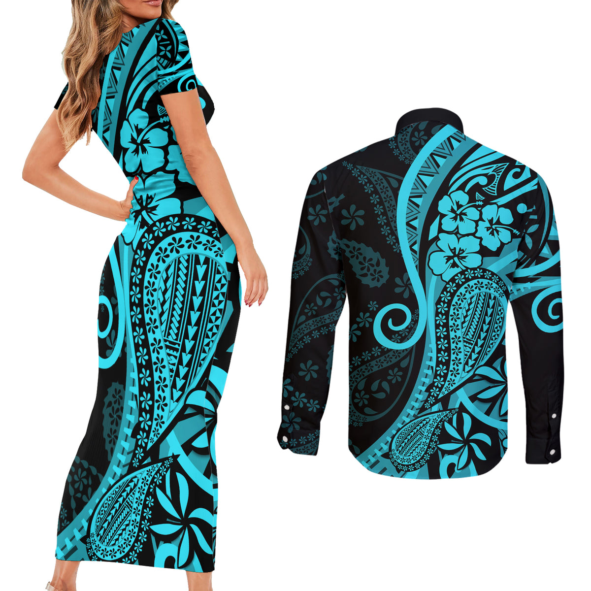 Polynesia Paisley Couples Matching Short Sleeve Bodycon Dress and Long Sleeve Button Shirt Polynesian With Tropical Flowers - Turquoise LT14 - Polynesian Pride