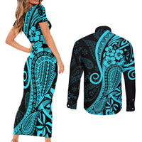 Polynesia Paisley Couples Matching Short Sleeve Bodycon Dress and Long Sleeve Button Shirt Polynesian With Tropical Flowers - Turquoise LT14 - Polynesian Pride