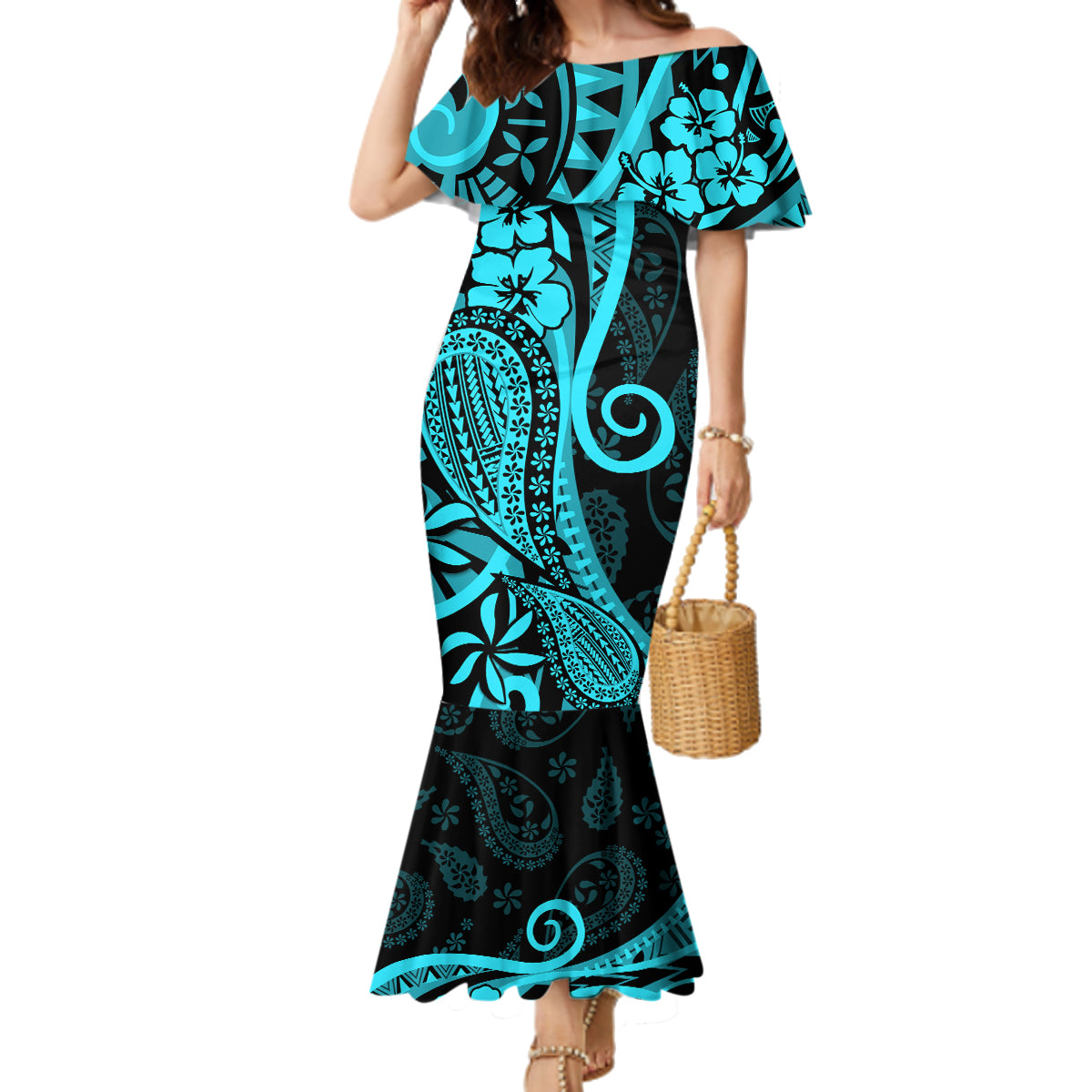Polynesia Paisley Family Matching Mermaid Dress and Hawaiian Shirt Polynesian With Tropical Flowers - Turquoise LT14 Mom's Dress Turquoise - Polynesian Pride