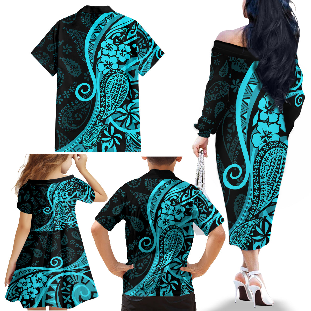 Polynesia Paisley Family Matching Off Shoulder Long Sleeve Dress and Hawaiian Shirt Polynesian With Tropical Flowers - Turquoise LT14 - Polynesian Pride