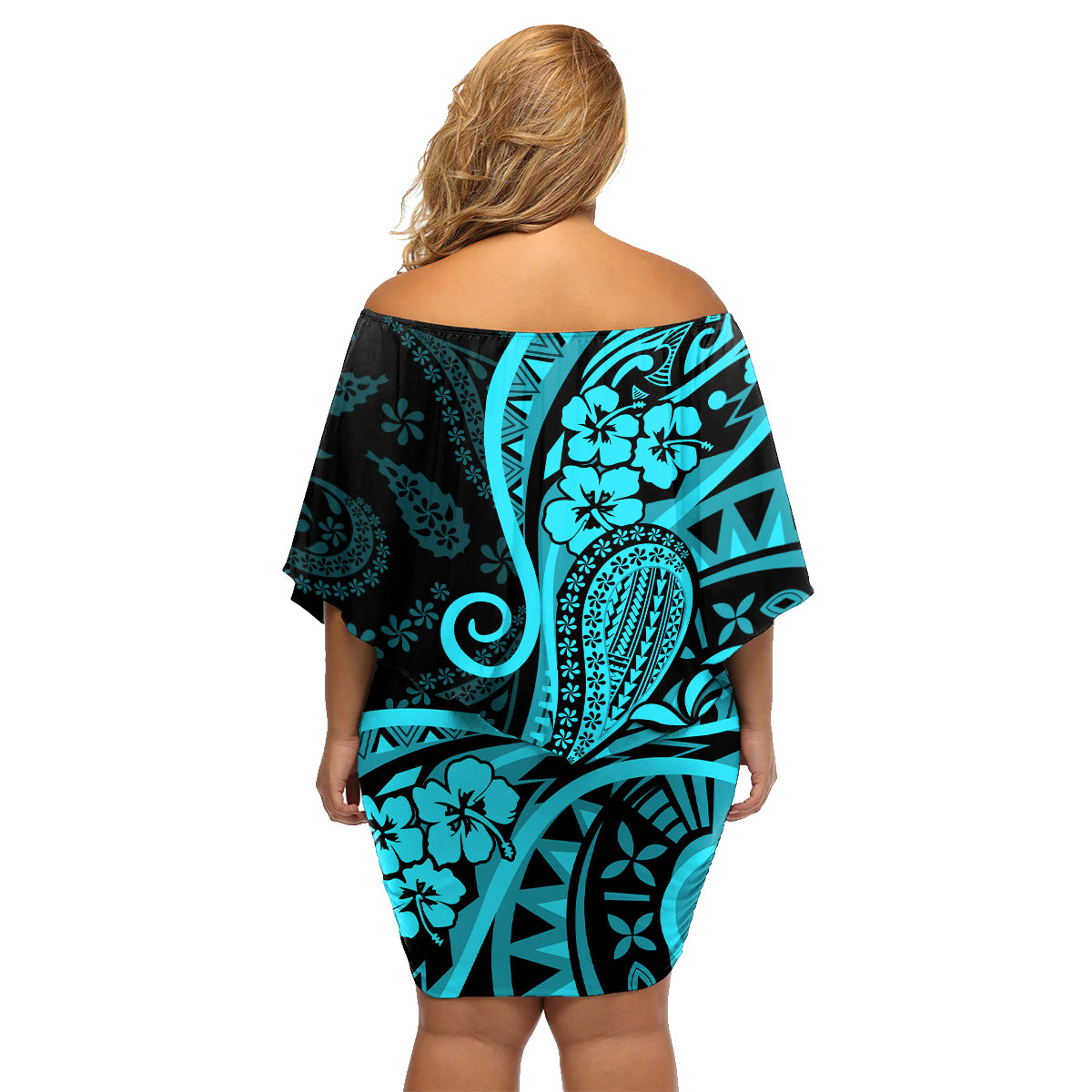 Polynesia Paisley Family Matching Off Shoulder Short Dress and Hawaiian Shirt Polynesian With Tropical Flowers - Turquoise LT14 - Polynesian Pride