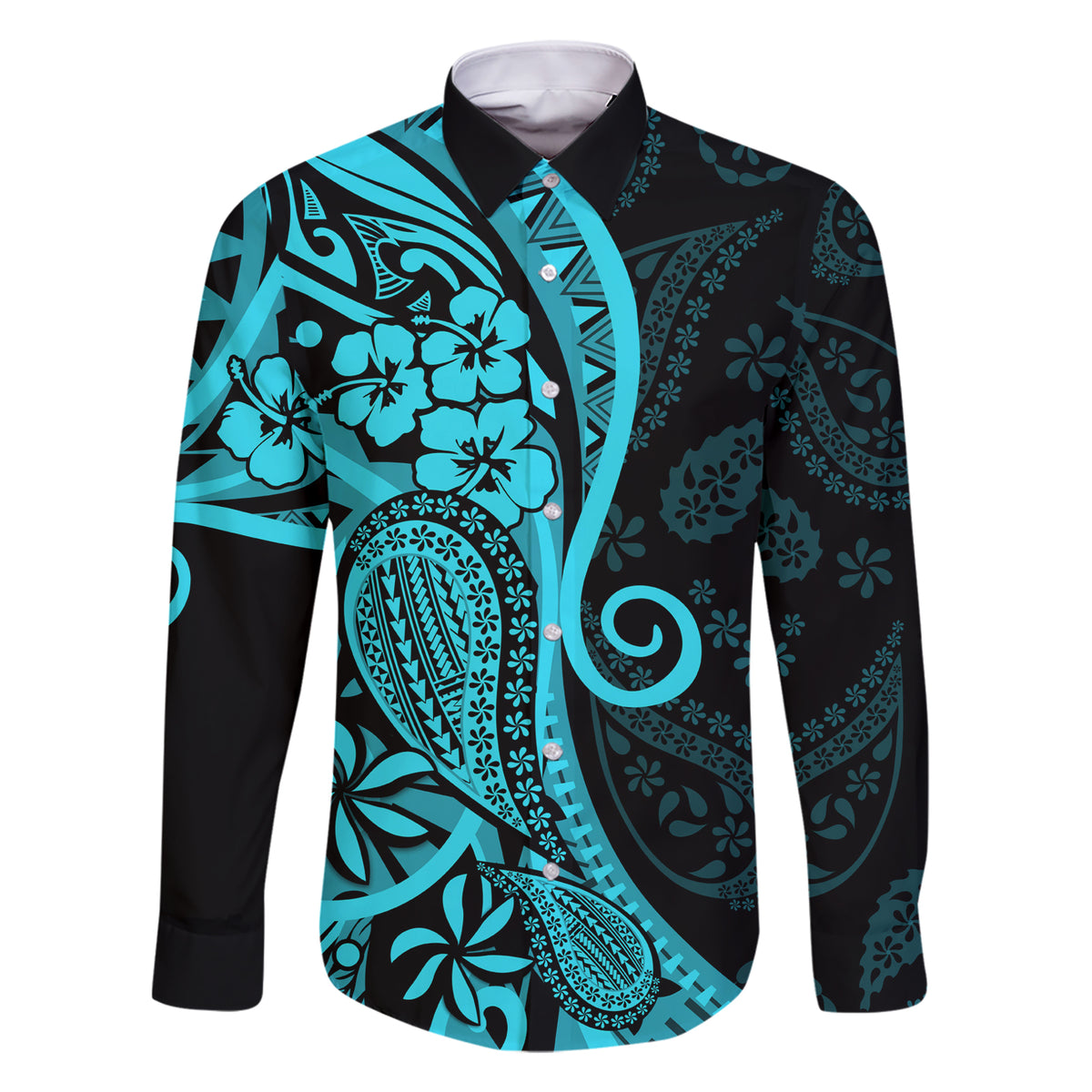 Polynesia Paisley Family Matching Short Sleeve Bodycon Dress and Hawaiian Shirt Polynesian With Tropical Flowers - Turquoise LT14 Dad's Shirt - Long Sleeve Turquoise - Polynesian Pride
