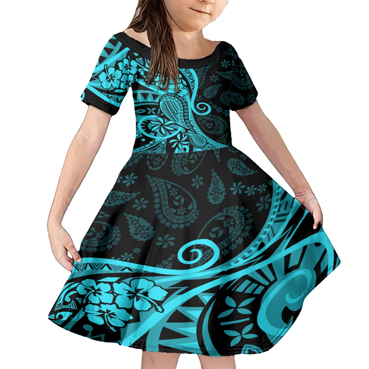 Polynesia Paisley Family Matching Tank Maxi Dress and Hawaiian Shirt Polynesian With Tropical Flowers - Turquoise LT14 Daughter's Dress Turquoise - Polynesian Pride
