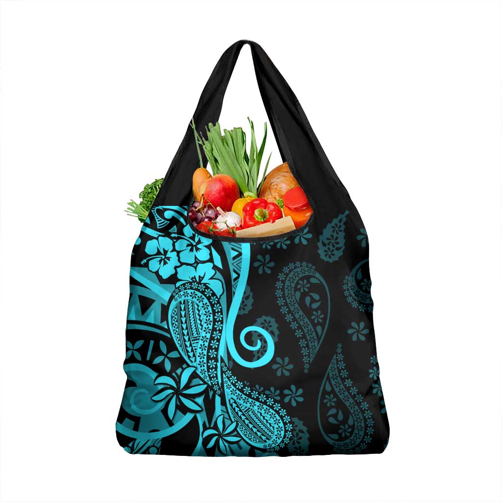Polynesia Paisley Grocery Bag Polynesian With Tropical Flowers - Turquoise