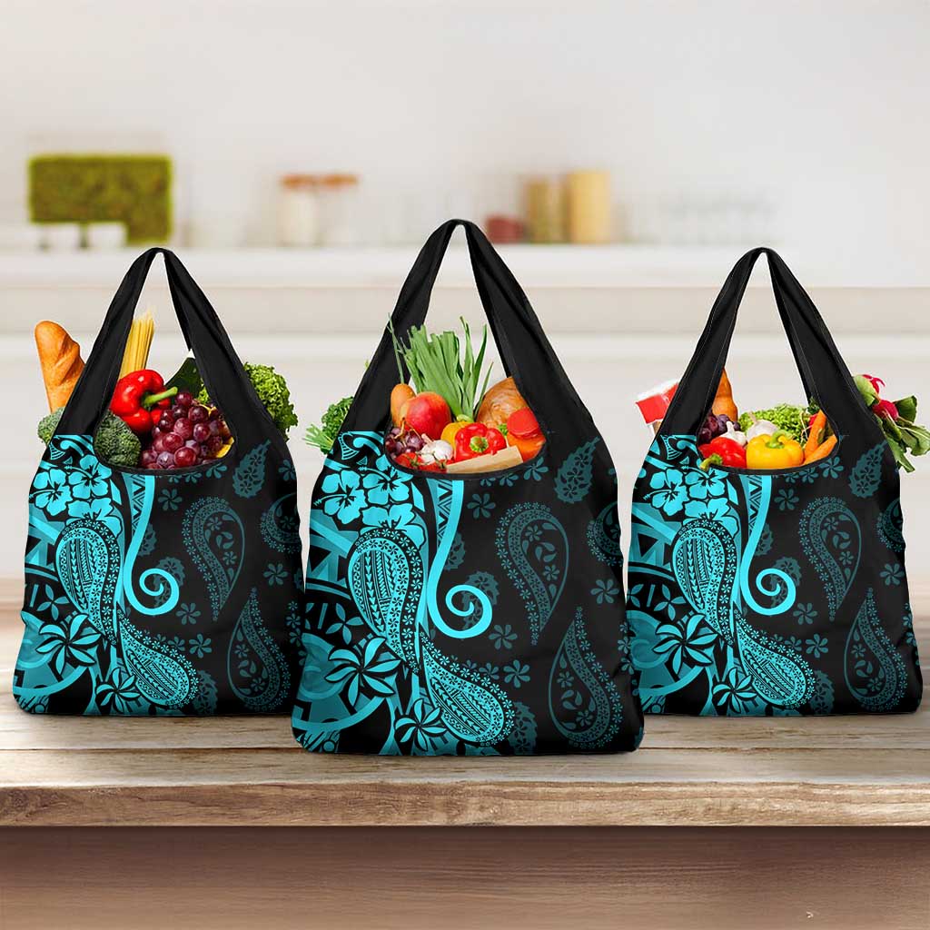 Polynesia Paisley Grocery Bag Polynesian With Tropical Flowers - Turquoise