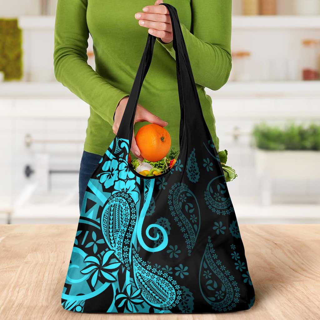 Polynesia Paisley Grocery Bag Polynesian With Tropical Flowers - Turquoise