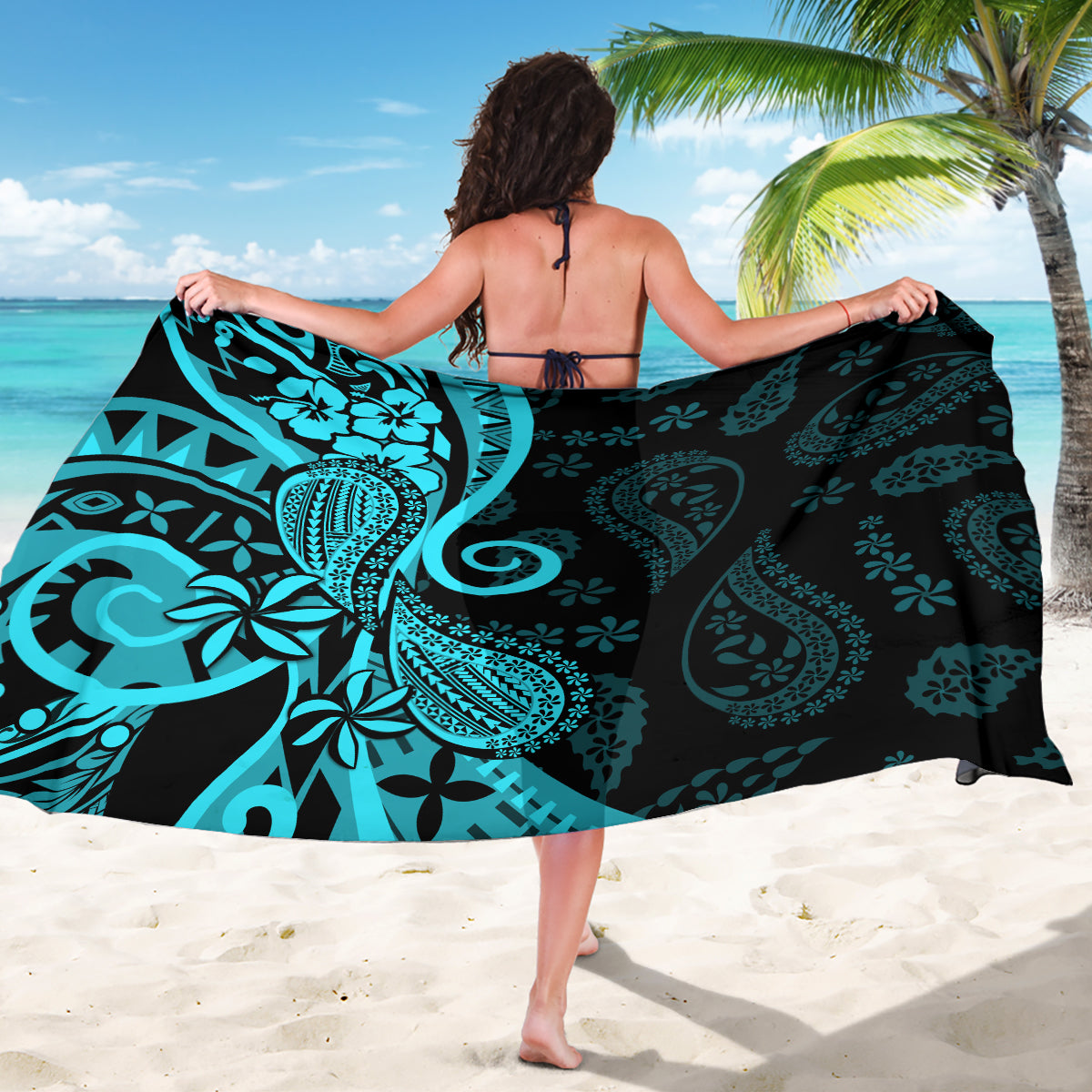 Polynesia Paisley Sarong Polynesian With Tropical Flowers - Turquoise LT14 - Polynesian Pride
