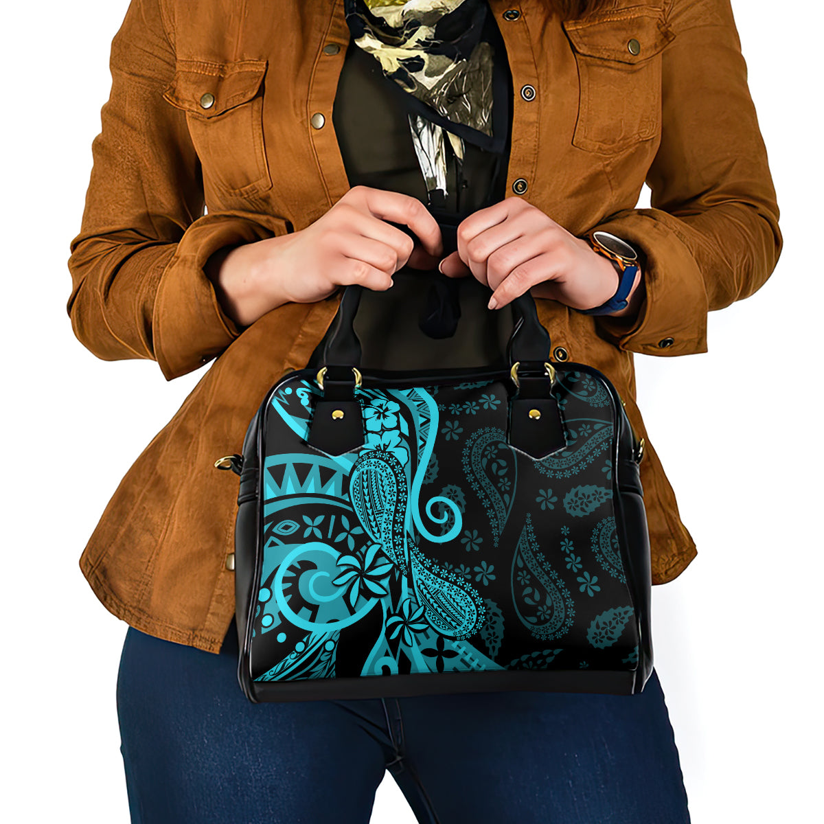 Polynesia Paisley Shoulder Handbag Polynesian With Tropical Flowers - Turquoise LT14 - Polynesian Pride