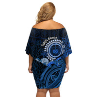 Talofa Samoa Off Shoulder Short Dress Samoan Kava Bowl Siapo Pattern - Blue LT14 - Polynesian Pride