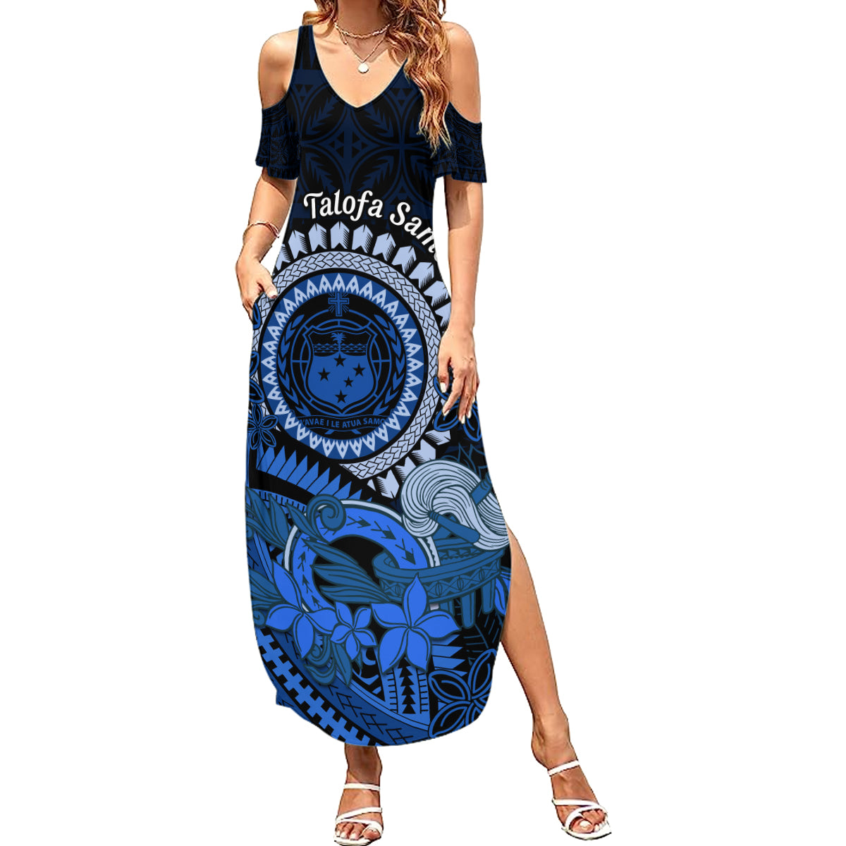 Talofa Samoa Summer Maxi Dress Samoan Kava Bowl Siapo Pattern - Blue LT14 Women Blue - Polynesian Pride