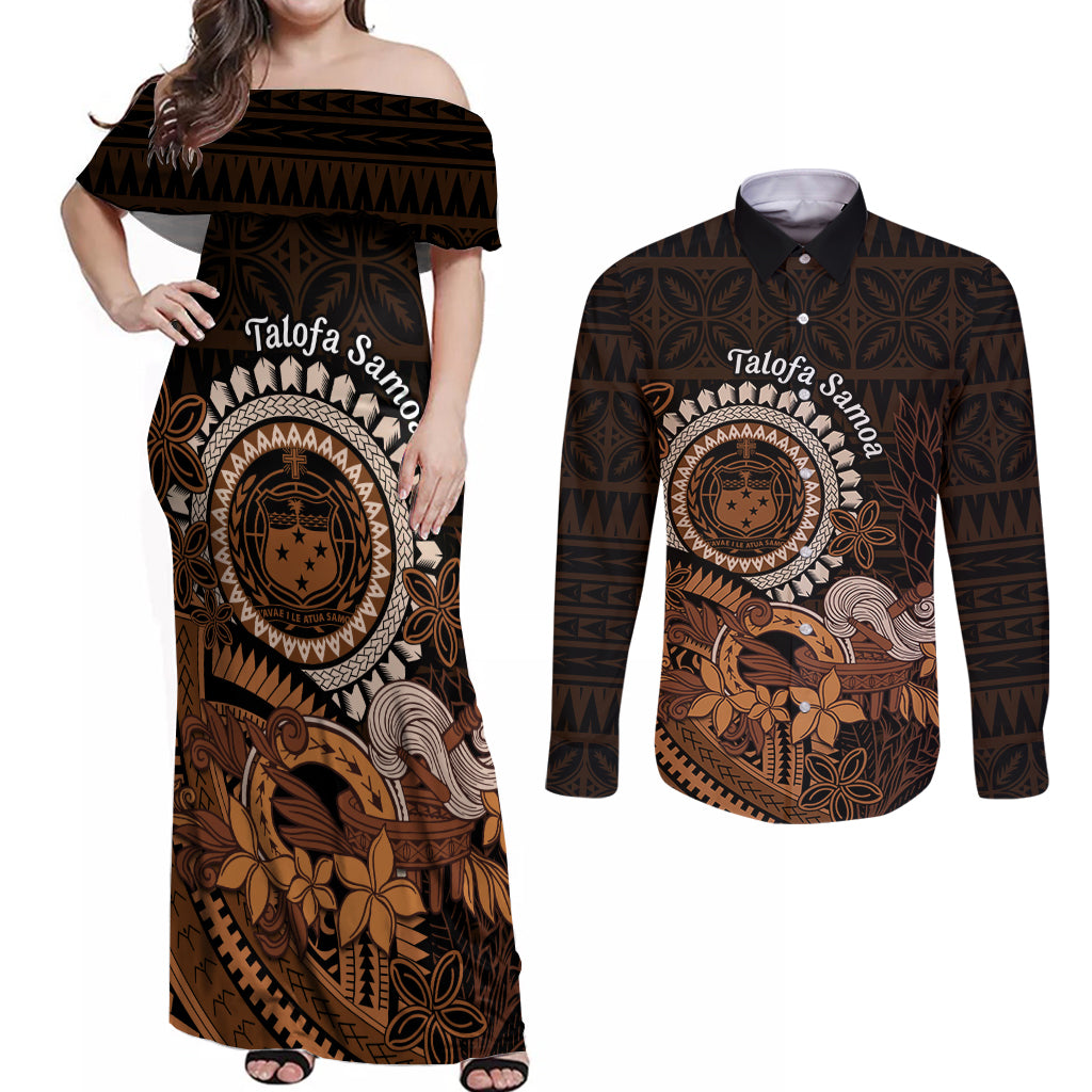 Talofa Samoa Couples Matching Off Shoulder Maxi Dress and Long Sleeve Button Shirt Samoan Kava Bowl Siapo Pattern - Brown LT14 Brown - Polynesian Pride