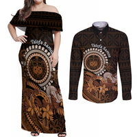 Talofa Samoa Couples Matching Off Shoulder Maxi Dress and Long Sleeve Button Shirt Samoan Kava Bowl Siapo Pattern - Brown LT14 Brown - Polynesian Pride
