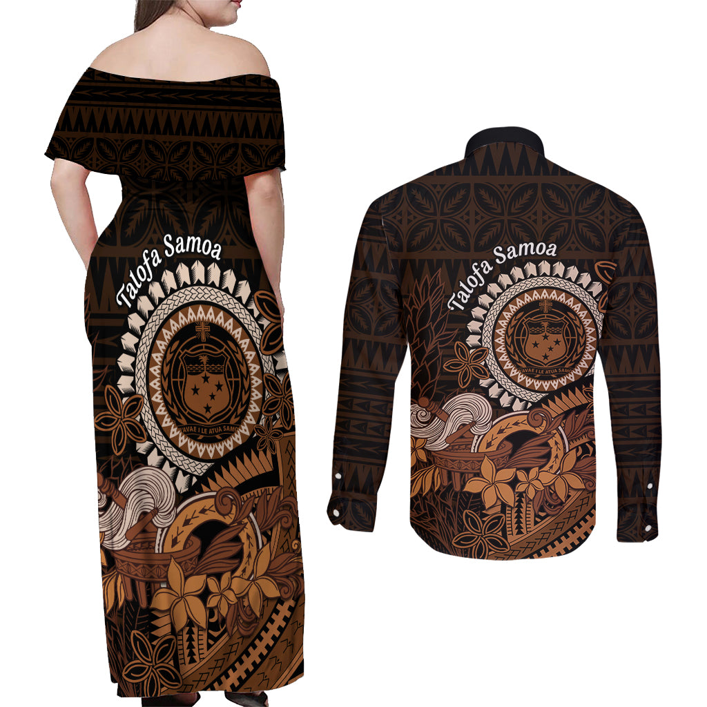 Talofa Samoa Couples Matching Off Shoulder Maxi Dress and Long Sleeve Button Shirt Samoan Kava Bowl Siapo Pattern - Brown LT14 - Polynesian Pride
