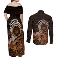 Talofa Samoa Couples Matching Off Shoulder Maxi Dress and Long Sleeve Button Shirt Samoan Kava Bowl Siapo Pattern - Brown LT14 - Polynesian Pride