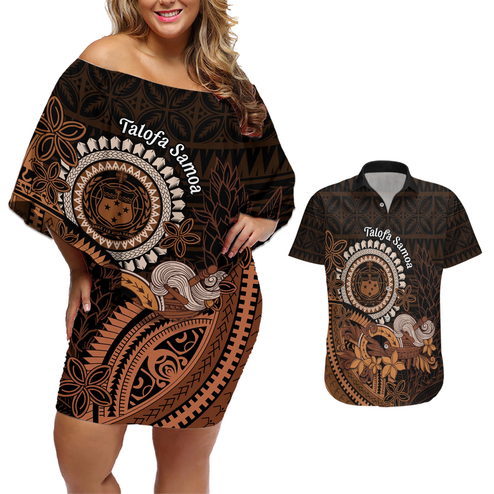 Talofa Samoa Couples Matching Off Shoulder Short Dress and Hawaiian Shirt Samoan Kava Bowl Siapo Pattern - Brown LT14 Brown - Polynesian Pride